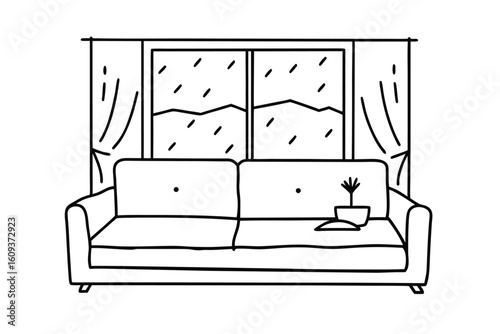 Rainy Day Living Room Scene With Cozy Couch