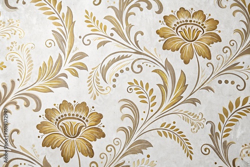 Elegant Golden Floral Baroque Pattern on Textured White Background