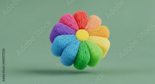 A vibrant, plush rainbow-colored flower symbolizing creativity and happiness