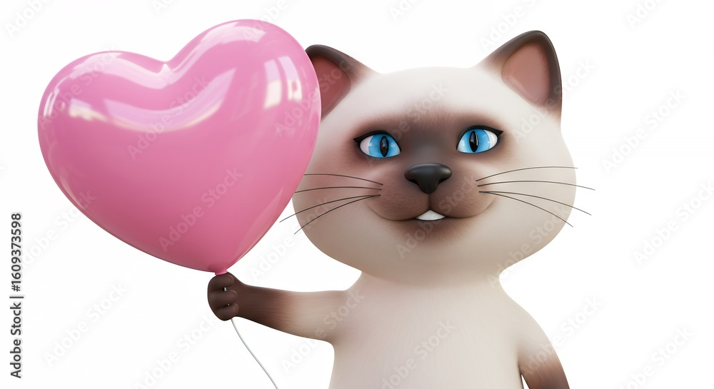 Fototapeta premium Cartoon cat holding heart shaped balloon