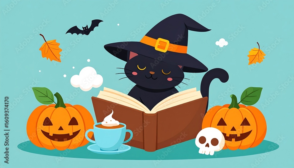 Cute black cat in witch hat reading a book, surrounded by Halloween elements Cute black cat in witch hat reading a book, surrounded by Halloween elements