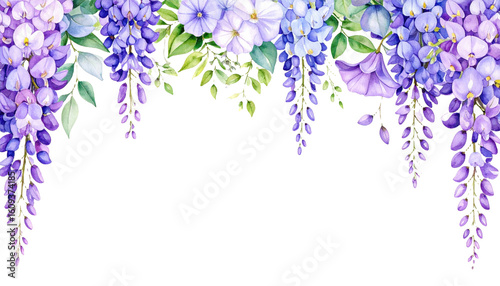 Climbing Vine Border Violet, lilac, purple Watercolor Flowers Wisteria, morning glory png