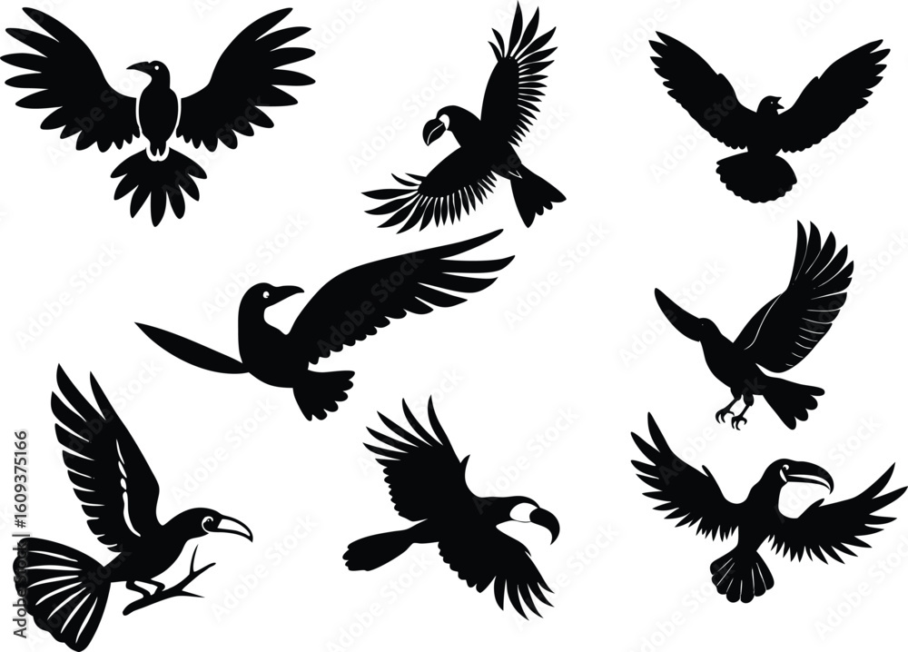 Fototapeta premium Exotic jungle birds collection featuring diverse species in a distinctive silhouette style