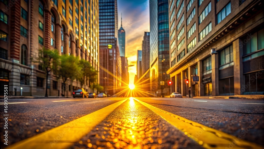 Fototapeta premium Urban Landscape at Sunset with Yellow Lines and City Buildings