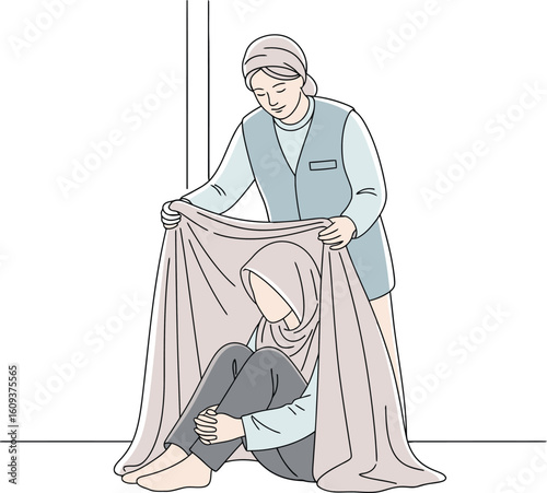 Vector illustration of a mother caring for sick daughter 