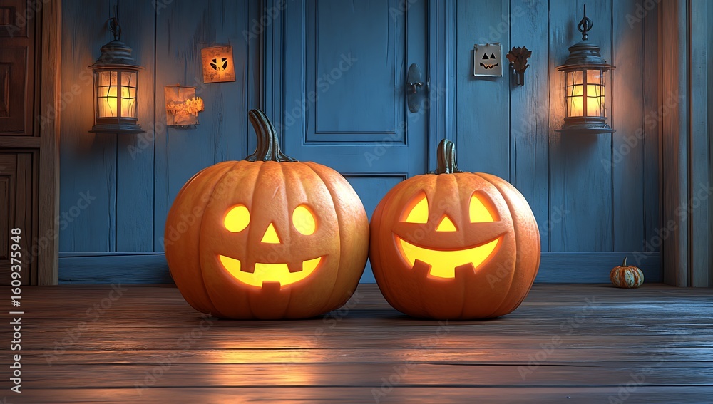 Obraz premium Two glowing jack o lanterns on wooden porch at night halloween pumpkin