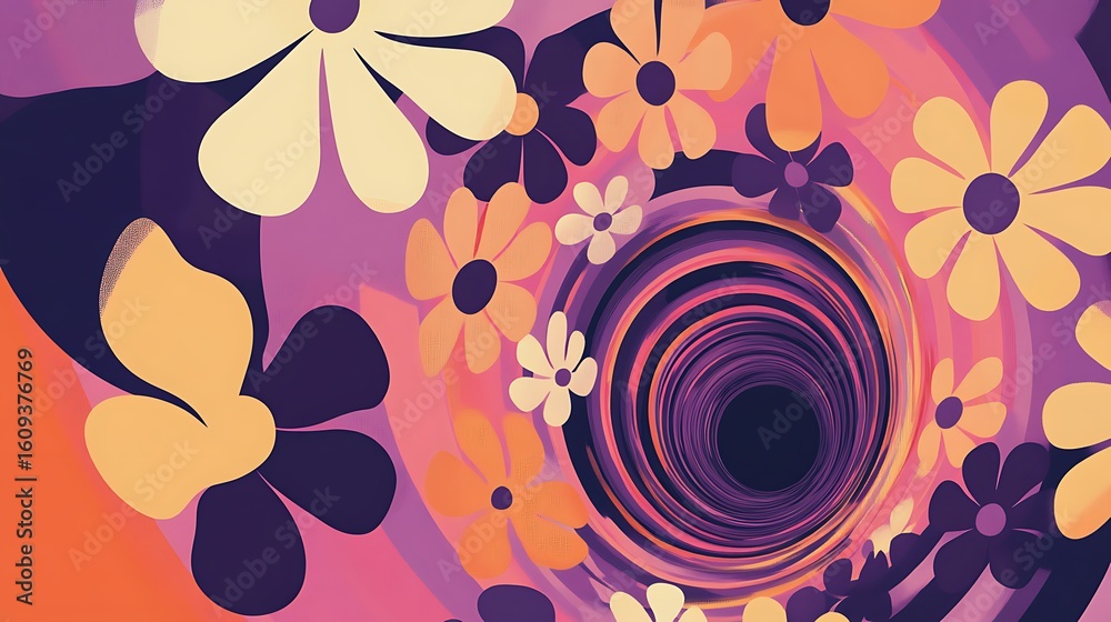 Retro horizontal background with psychedelic flower tunnel in vintage 70s vector style Retro horizontal background with psychedelic flower tunnel in vintage 70s vector style