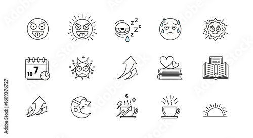 Collection of simple line art icons depicting various emotions, activities, and objects related to daily life and weather.