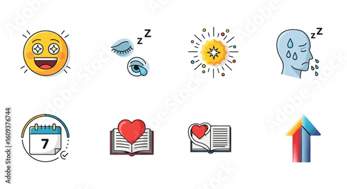 Colorful icons depicting emotions, sleep, energy, reading, and progress.