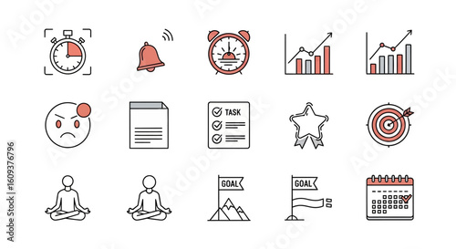 Collection of line icons depicting time management, goal setting, and stress management techniques.