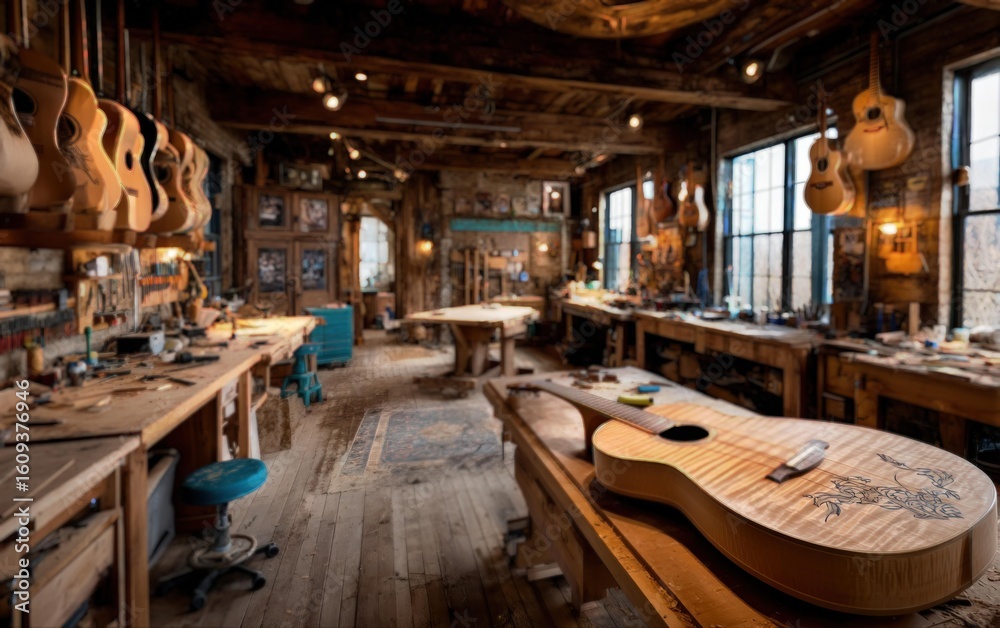 Fototapeta premium Artisan's Workshop A Wide-Angle View of a Guitar Workshop filled with Instruments, Tools and Craftsmanship in a Rustic Setting