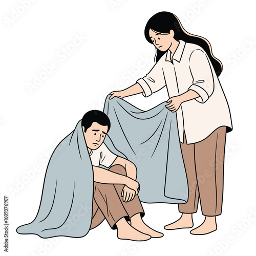 Woman covering cold man with blanket vector