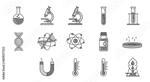 Collection of simple line art scientific icons, including beakers, microscopes, DNA, atoms, and other lab equipment.