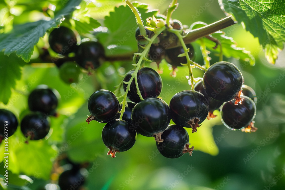 Blackcurrant berries growing on a branch in the garden close-up Blackcurrant berries growing on a branch in the garden close-up