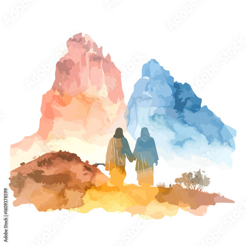 Two figures in robes holding hands, walking towards colorful watercolor mountains.