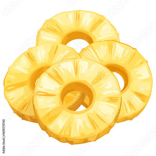 Stylized illustration of four juicy, yellow, cored pineapple rings stacked together.