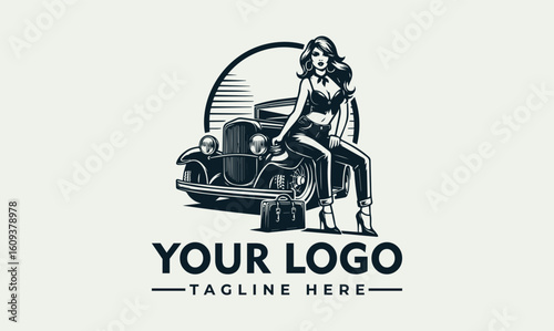 Vintage illustration of a woman sitting on the front of a classic car, with a circular striped background.