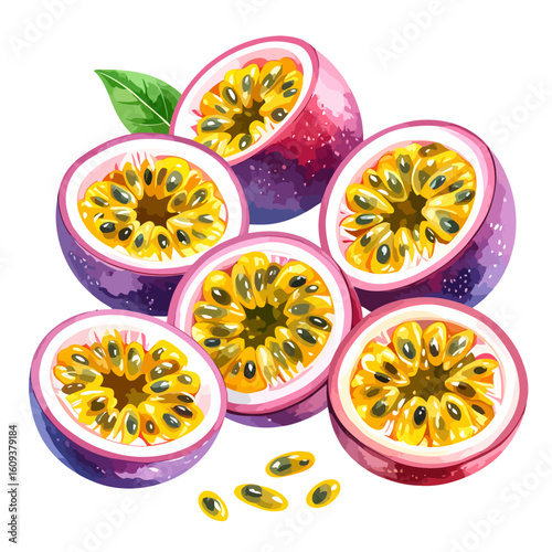 Vibrant watercolor illustration of sliced purple passion fruits with juicy yellow pulp, black seeds, and a green leaf.