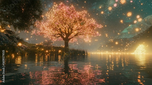 Glowing cherry tree on lake edge, fireflies, mountains, magical atmosphere