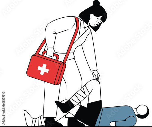 First responder aiding injured person black and white vector