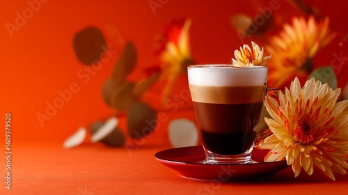 Rich coffee drink topped with creamy foam and a flower garnish served in a glass cup on a red saucer set against a vibrant orange backdrop featuring warm lighting and subtle details