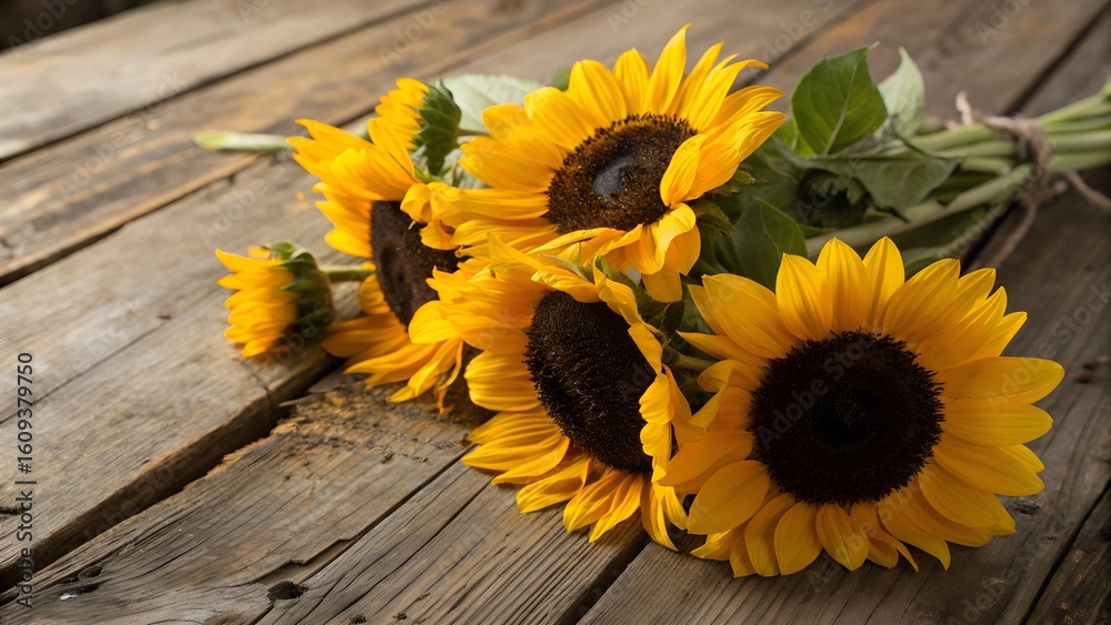 Obraz premium A bouquet of bright yellow sunflowers resting on a rustic wooden table