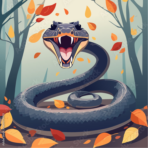 Fierce black snake coiled with open mouth in autumn forest among falling leaves