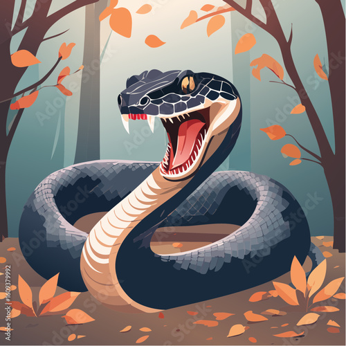 Fierce coiled snake with open mouth and fangs ready to strike in a forest setting.