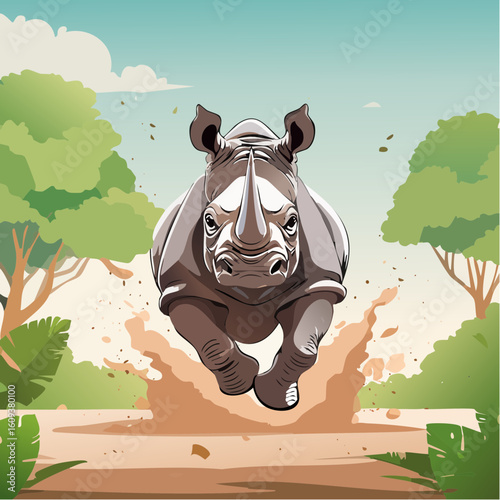 Powerful rhino charges forward with intense focus, kicking up dust in a dynamic savanna scene