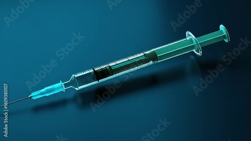 Syringe rotating against dark blue background