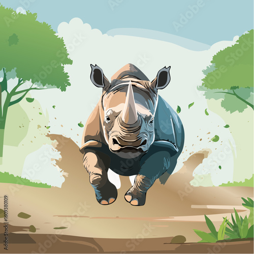 Powerful rhinoceros charging forward with determined expression in natural savanna habitat