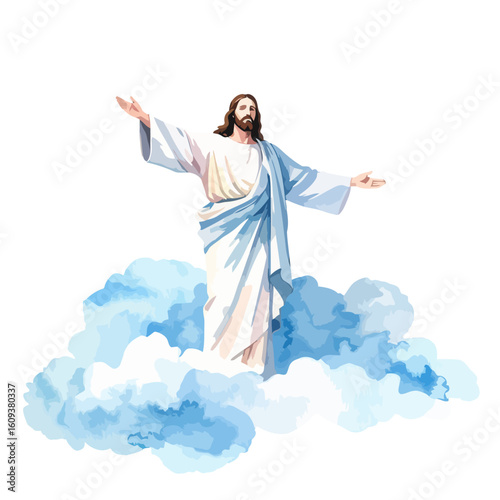 Jesus Christ Ascending to Heaven, in a Light Blue Cloud, with Open Arms