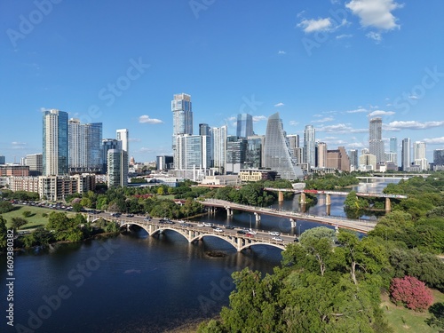Beautiful Austin skyline downtown morning with a stunning aerial drone view