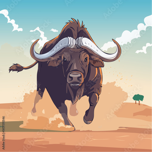 Powerful buffalo charges forward kicking up dust in a dynamic savanna scene