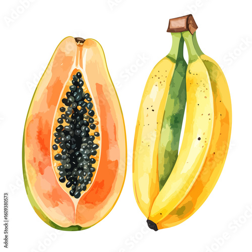 Vibrant Watercolor Illustration of a Halved Papaya and Bunch of Bananas