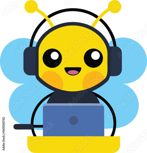 Friendly cartoon bee character wearing headphones and a headset smiling while working on a laptop computer representing customer service or tech support with a cheerful and approachable demeanor