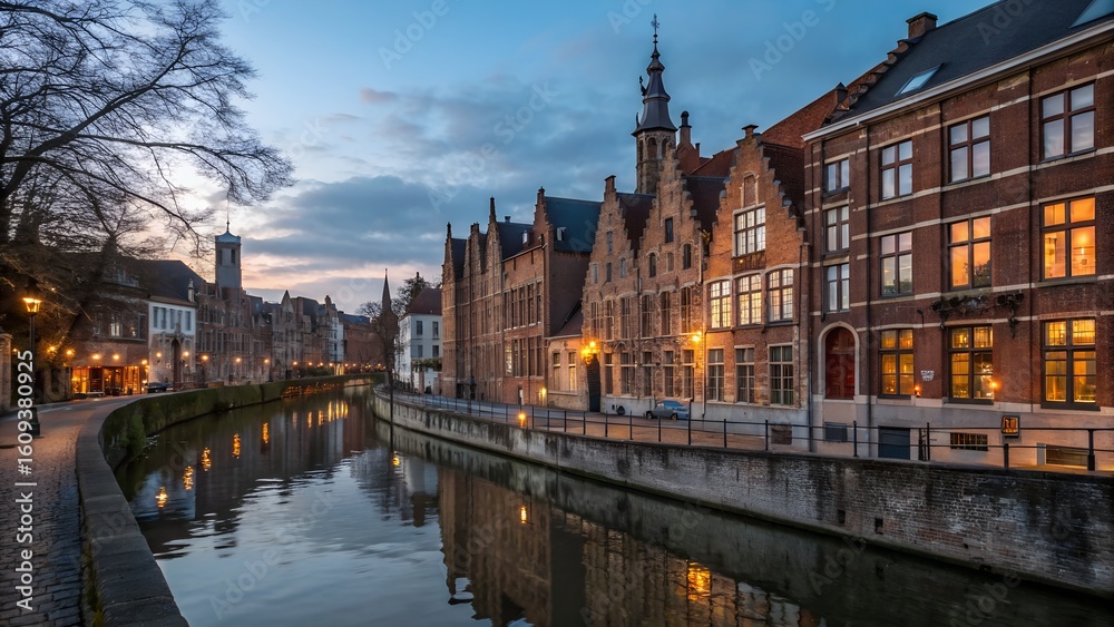 Obraz premium A picturesque canal reflects the historic architecture of bruges, belgium