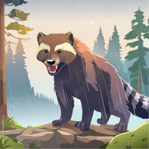 Fierce wolverine stands strong amidst rainy forest, showcasing wild nature and resilience