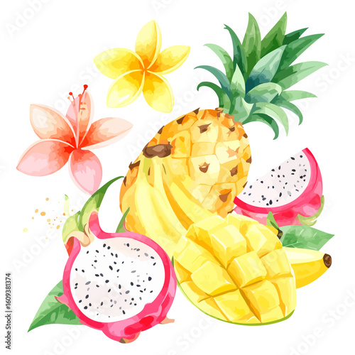 Watercolor Tropical Fruit Medley with Plumeria Flowers