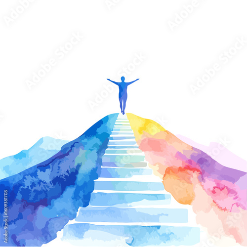 Victorious blue silhouette with arms wide open atop a colorful watercolor stairway to success.