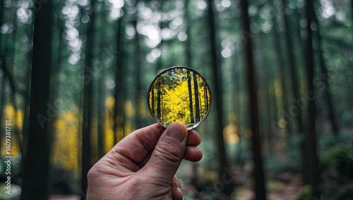 Wallpaper Mural Hand holding magnifying glass, focusing on autumnal forest scene Torontodigital.ca
