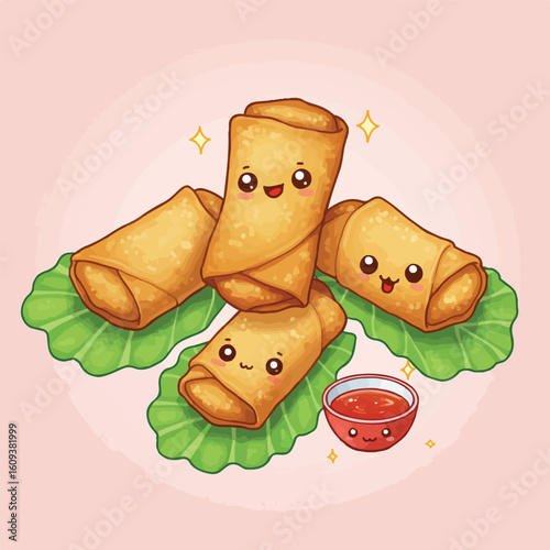 A kawaii-style illustration of fried spring rolls served on green lettuce with a small bowl of dipping sauce.