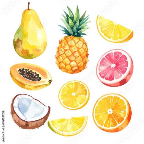 A colorful collection of tropical and citrus fruits illustrated in a vibrant watercolor style.