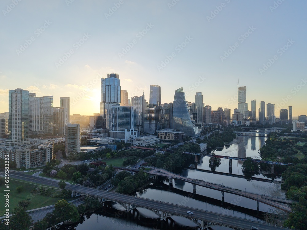 Fototapeta premium Beautiful Austin skyline downtown at sunrise with a stunning aerial drone view