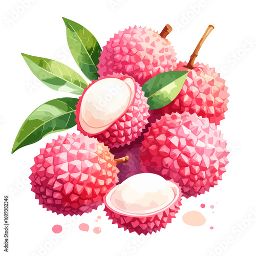 Vibrant watercolor illustration of a bunch of fresh lychee fruits, whole and peeled, with green leaves.