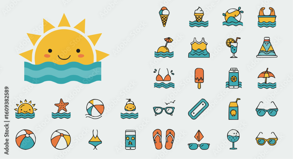 Fototapeta premium Summer Vacation Emoji Set – Beach and Travel Stickers