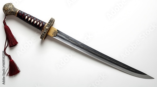 Ornate ancient Chinese jian sword with red tassels and gold accents weapon