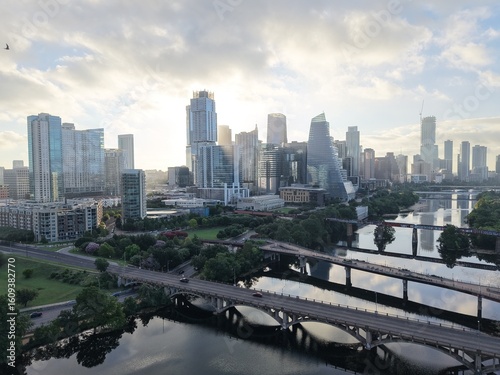 Beautiful Austin skyline downtown at sunrise with a stunning aerial drone view