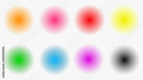 Set round blur faded circle colors, Red yellow blue pink orange purple green black, Iridescent radial blurry shape pack for element, poster, banner, leaflet, brochure.