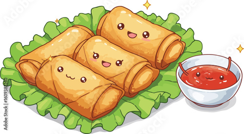 Four cute spring rolls with adorable faces on a lettuce leaf, next to a bowl of chili sauce, also with a cute face.
